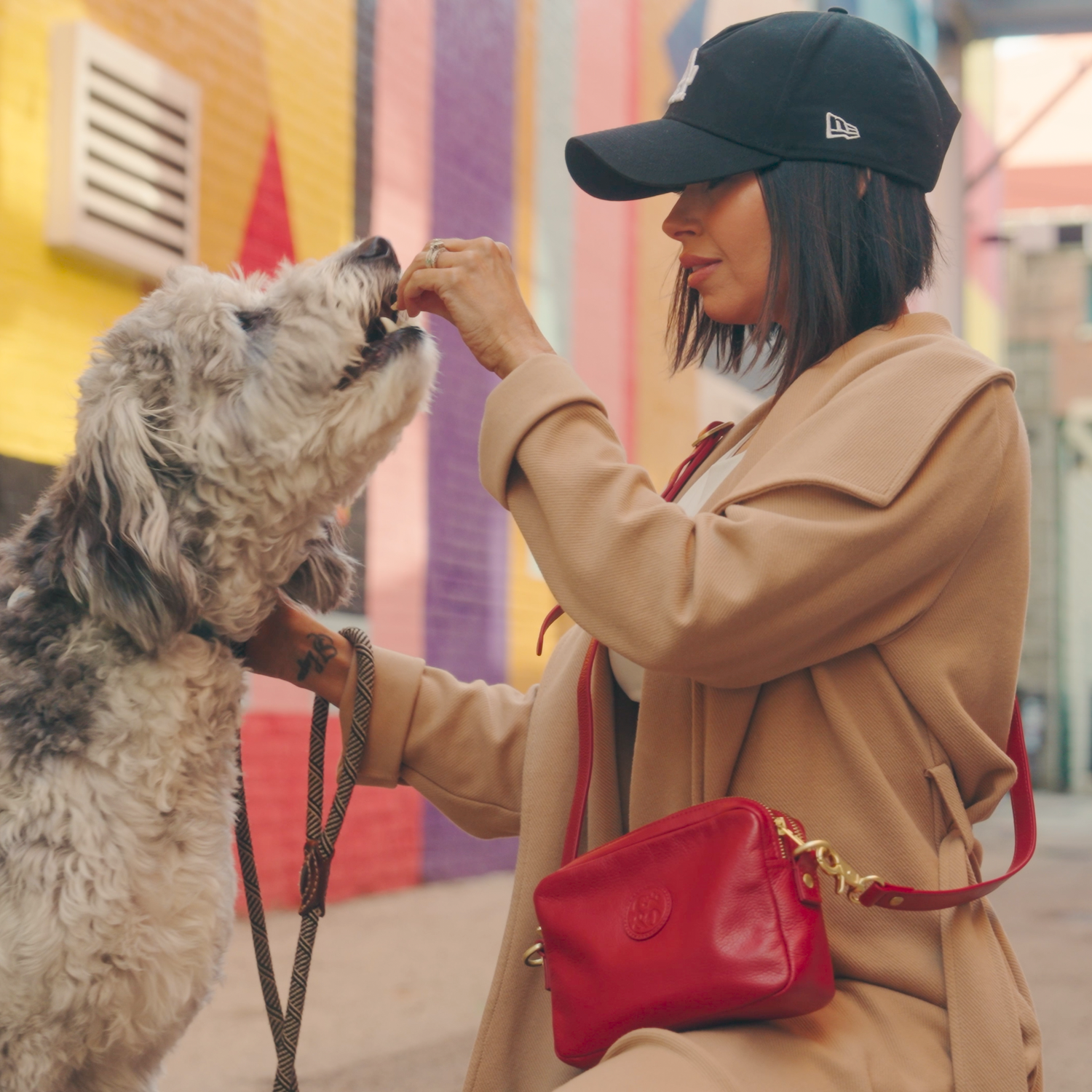 Woman in a beige coat and black cap feeding a dog in front of a colorful mural.